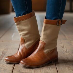 FRYE Leather & Canvas Buckle Mid-Calf Boots – Size 8B (Made in Mexico)